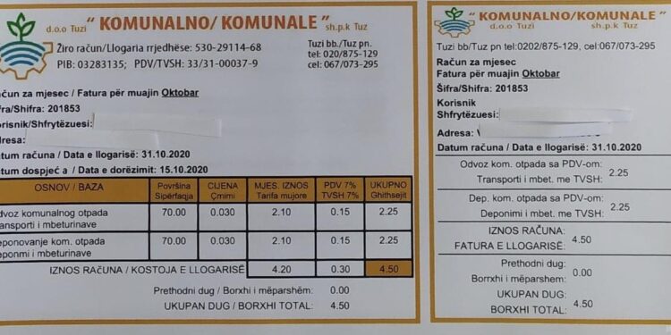 Fillon ndarja e faturave për mbeturina nga SH.P.K “Komunale”-Tuz, pagesa nuk i shkon më Podgoricës